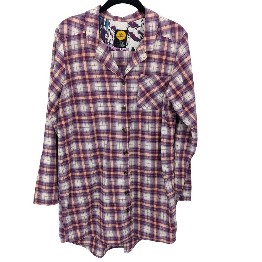 Life is Good Sleep Flannel Pajamas Womens Medium Purple Plaid Button Up Lounge‎